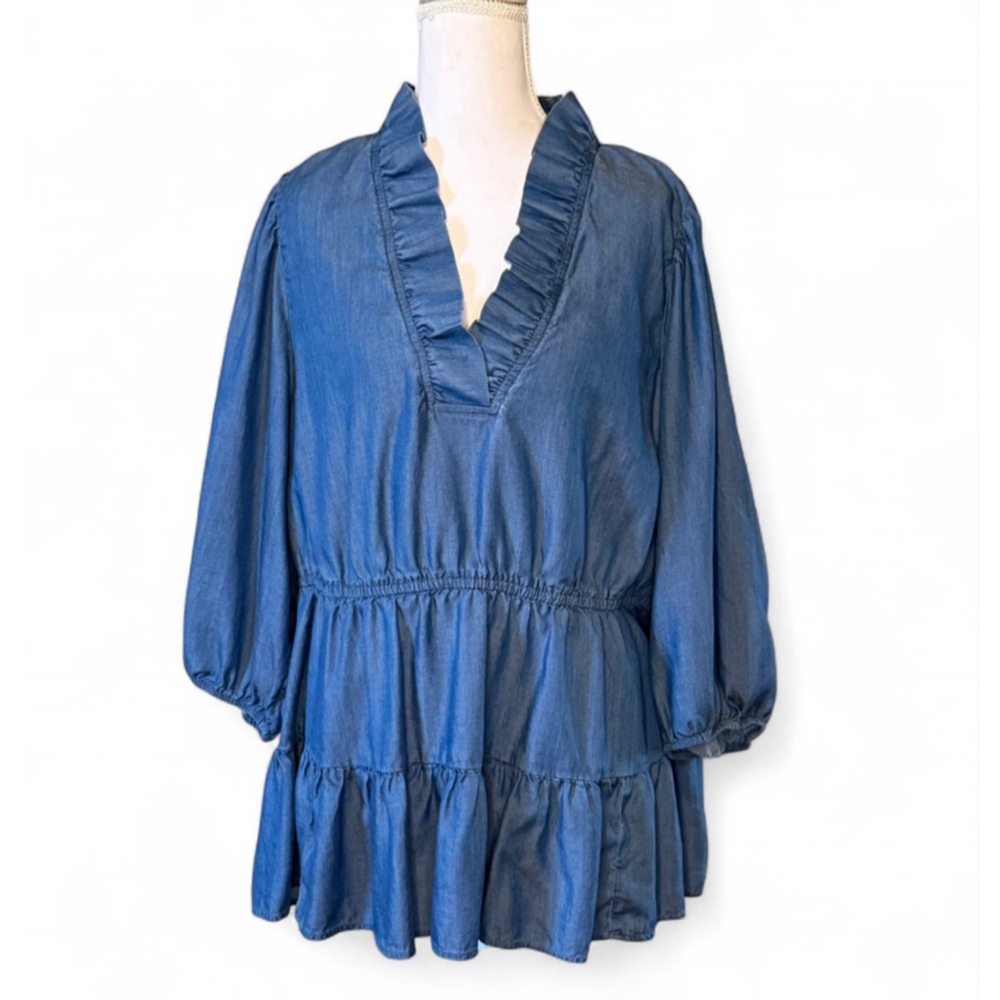 Crown & Ivy Chambray Ruffle Tiered Peplum Top 1X Tencel Lyocell
